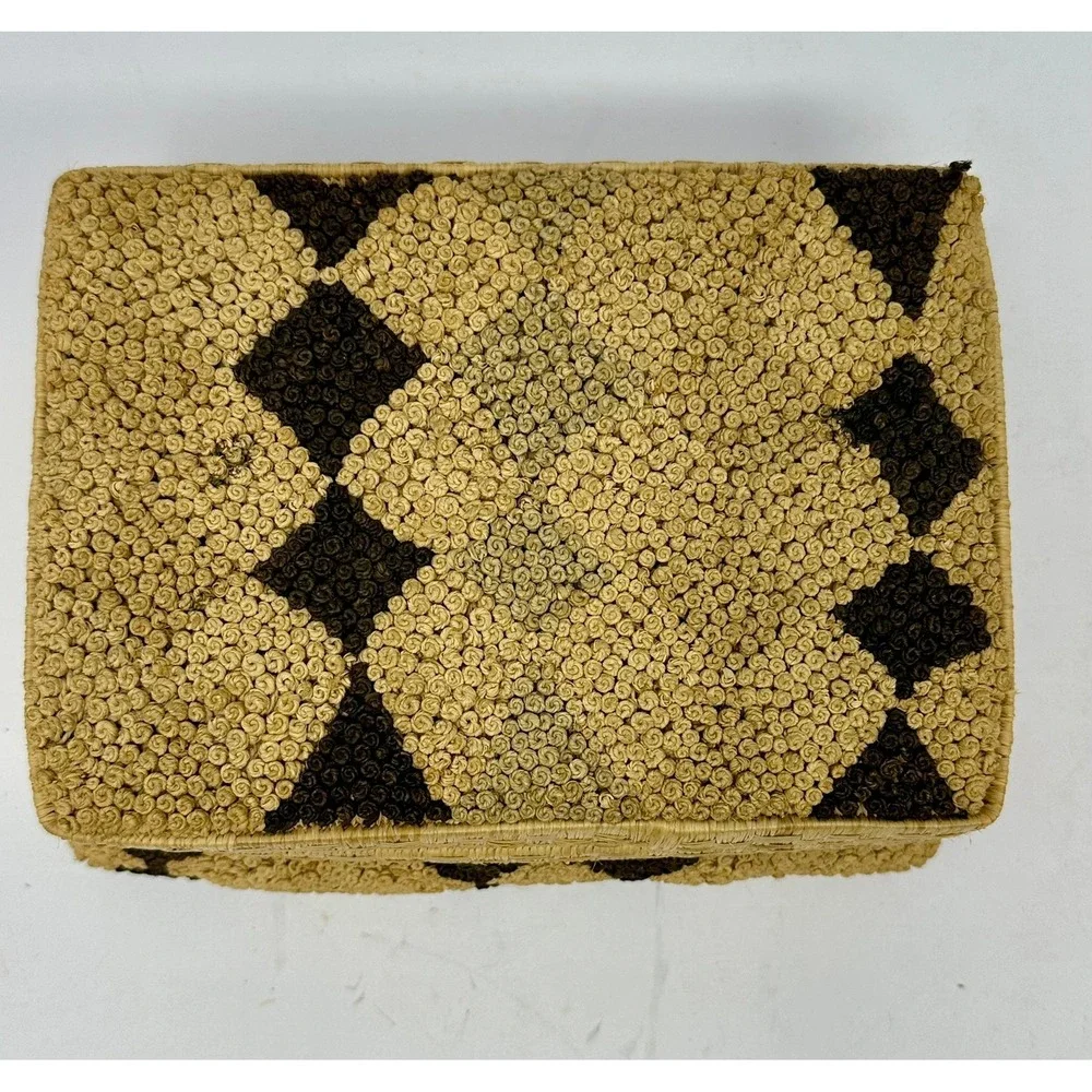 Vintage Hand Woven Raffia Straw Decorative Box Diamond Pattern Boho Decor‎ 6.5